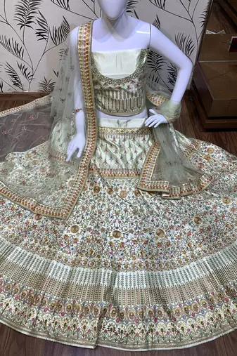 Pure Silk Party Wear Lehenga In Light Green Color Color With Embroidery Work