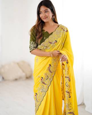 Yellow embroidered, sequin embroidered, cut work chinon silk bollywood saree with blouse 2