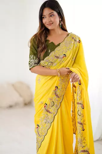 Yellow embroidered, sequin embroidered, cut work chinon silk bollywood saree with blouse