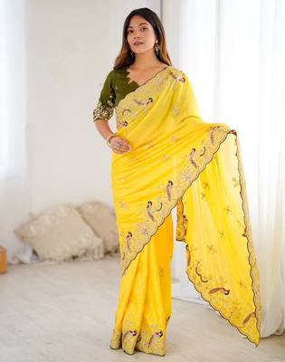 Yellow embroidered, sequin embroidered, cut work chinon silk bollywood saree with blouse 3