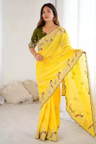 Yellow embroidered, sequin embroidered, cut work chinon silk bollywood saree with blouse