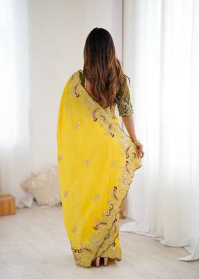 Yellow embroidered, sequin embroidered, cut work chinon silk bollywood saree with blouse 4