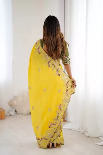 Yellow embroidered, sequin embroidered, cut work chinon silk bollywood saree with blouse