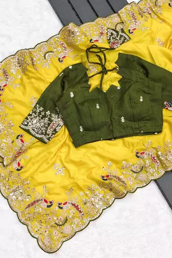 Yellow embroidered, sequin embroidered, cut work chinon silk bollywood saree with blouse