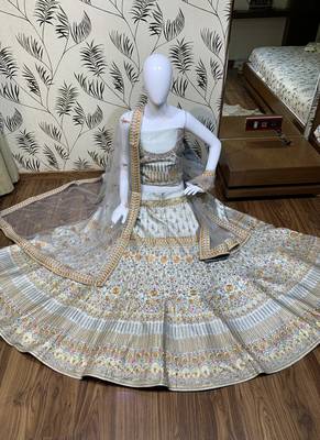 Pure Silk Party Wear Lehenga In Grey Color Color With Embroidery Work 1