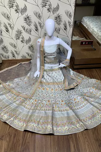 Pure Silk Party Wear Lehenga In Grey Color Color With Embroidery Work