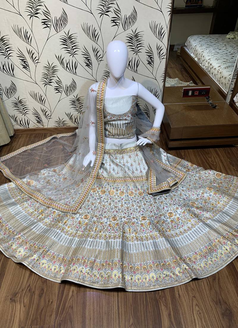 Pure Silk Party Wear Lehenga In Grey Color Color With Embroidery Work
