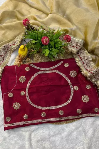Beige embroidered mocha silk bollywood saree with blouse