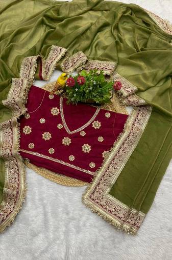 Mehendi embroidered mocha silk bollywood saree with blouse