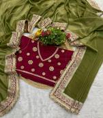 Mehendi embroidered mocha silk bollywood saree with blouse