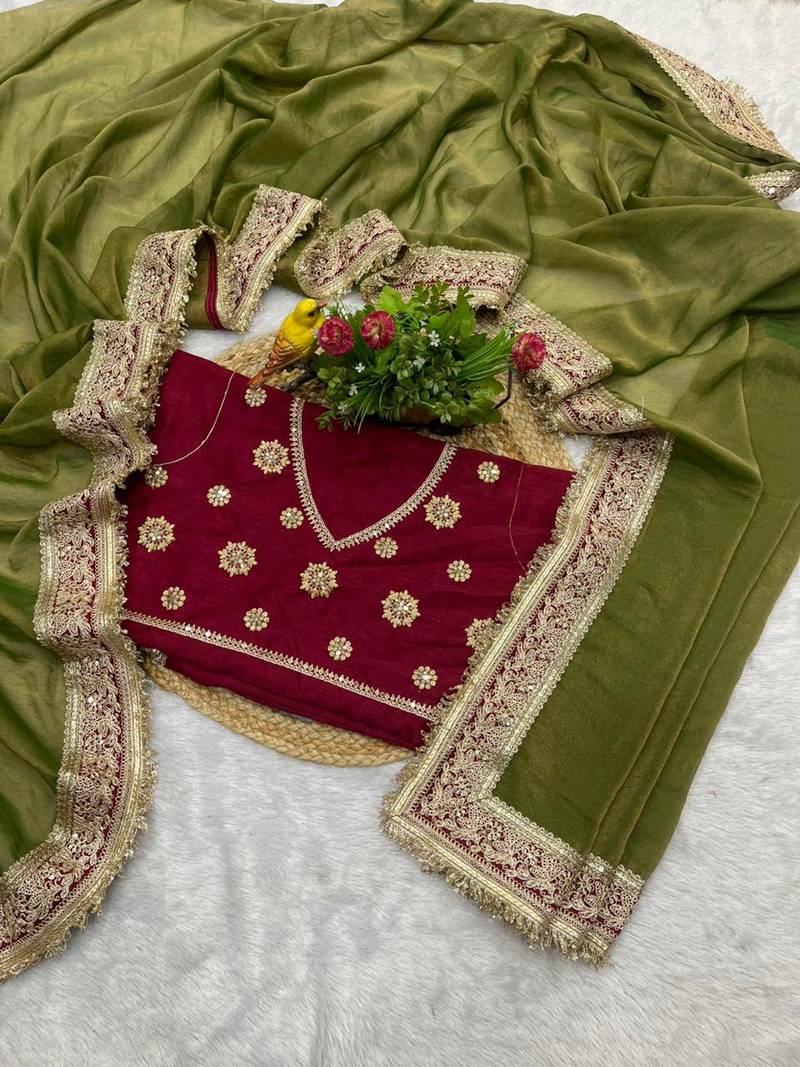 Mehendi embroidered mocha silk bollywood saree with blouse