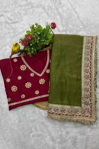 Mehendi embroidered mocha silk bollywood saree with blouse
