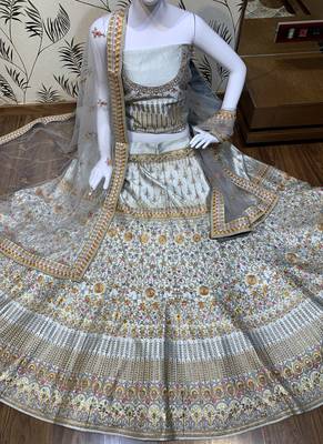 Pure Silk Party Wear Lehenga In Grey Color Color With Embroidery Work 2