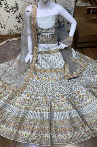 Pure Silk Party Wear Lehenga In Grey Color Color With Embroidery Work