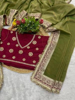 Mehendi embroidered mocha silk bollywood saree with blouse 3