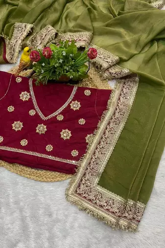Mehendi embroidered mocha silk bollywood saree with blouse