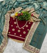 Teal blue embroidered mocha silk bollywood saree with blouse