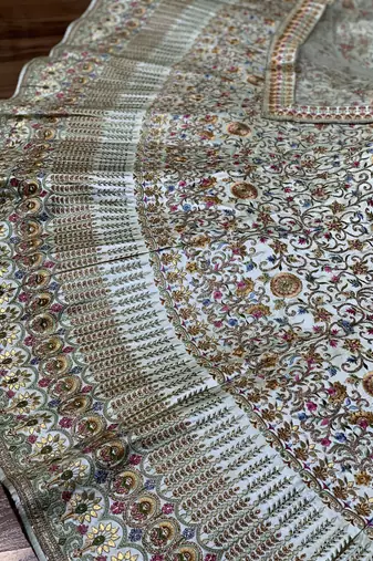 Pure Silk Party Wear Lehenga In Grey Color Color With Embroidery Work