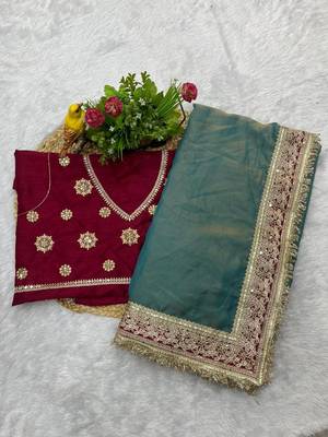 Teal blue embroidered mocha silk bollywood saree with blouse 2