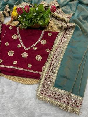 Teal blue embroidered mocha silk bollywood saree with blouse 3