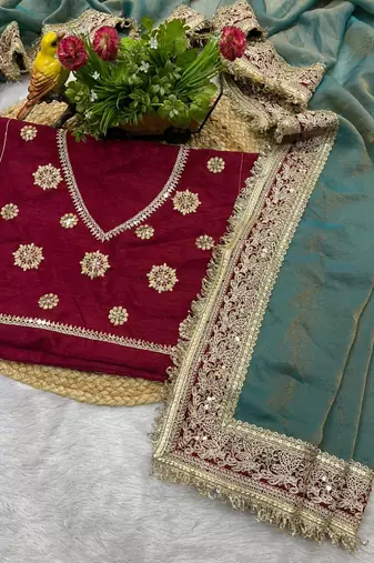 Teal blue embroidered mocha silk bollywood saree with blouse