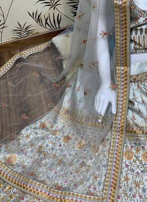 Pure Silk Party Wear Lehenga In Grey Color Color With Embroidery Work 4