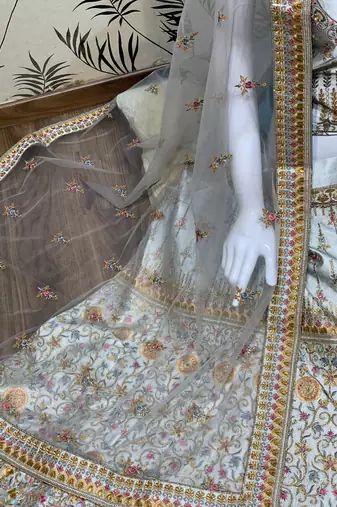 Pure Silk Party Wear Lehenga In Grey Color Color With Embroidery Work