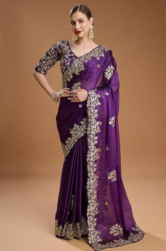 Purple sequin embroidered rangoli silk bollywood saree with blouse