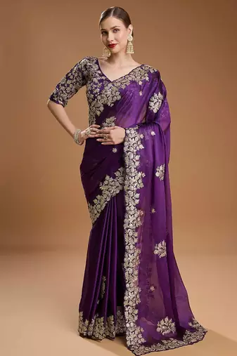 Purple sequin embroidered rangoli silk bollywood saree with blouse