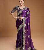 Purple sequin embroidered rangoli silk bollywood saree with blouse