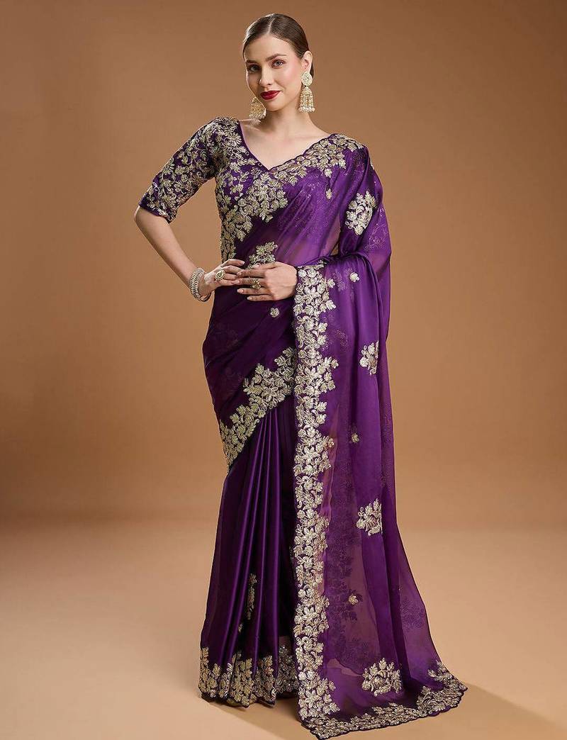 Purple sequin embroidered rangoli silk bollywood saree with blouse