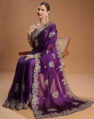 Purple sequin embroidered rangoli silk bollywood saree with blouse 2