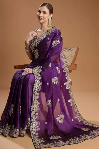 Purple sequin embroidered rangoli silk bollywood saree with blouse