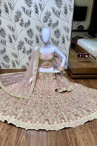 Soft Premium net Party Wear Lehenga In Pink Color Color With Embroidery Work