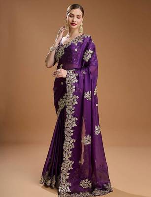 Purple sequin embroidered rangoli silk bollywood saree with blouse 3