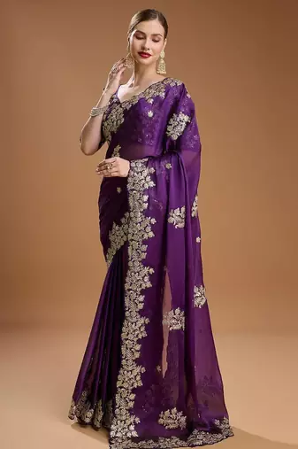Purple sequin embroidered rangoli silk bollywood saree with blouse