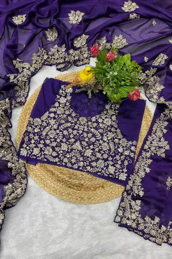Purple sequin embroidered rangoli silk bollywood saree with blouse