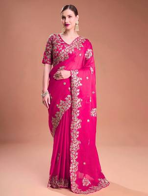 Rani pink sequin embroidered rangoli silk bollywood saree with blouse 1