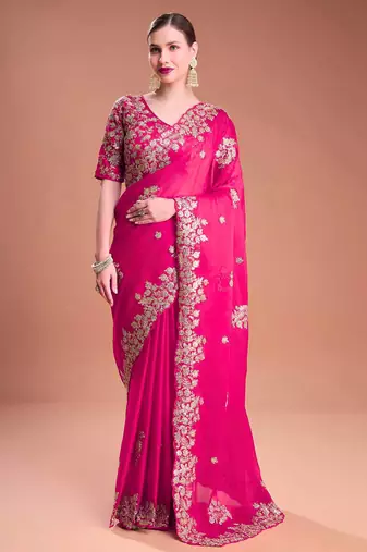 Rani pink sequin embroidered rangoli silk bollywood saree with blouse
