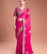 Rani pink sequin embroidered rangoli silk bollywood saree with blouse