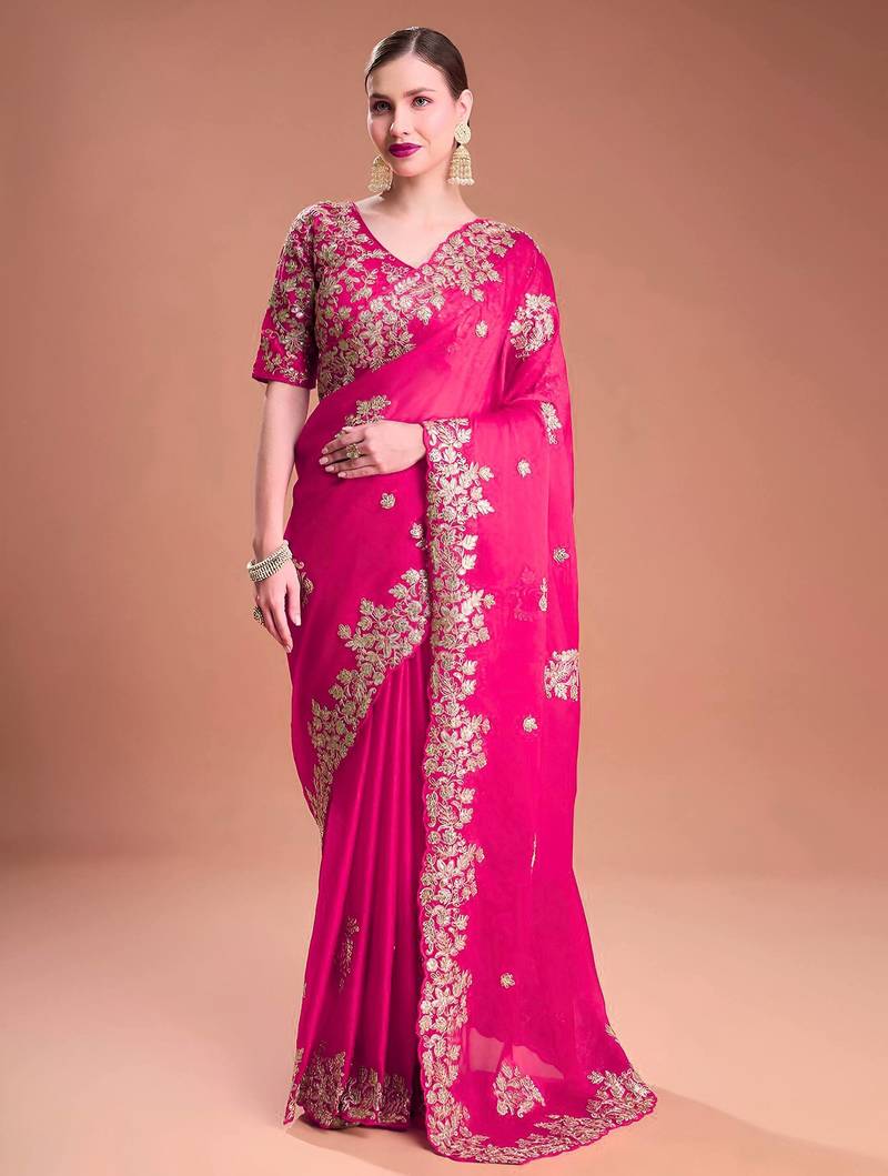 Rani pink sequin embroidered rangoli silk bollywood saree with blouse