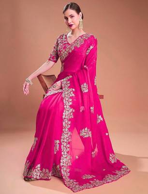 Rani pink sequin embroidered rangoli silk bollywood saree with blouse 2