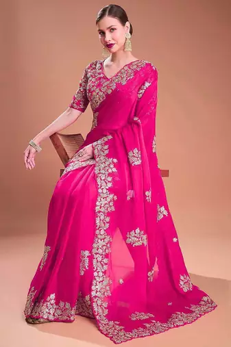 Rani pink sequin embroidered rangoli silk bollywood saree with blouse