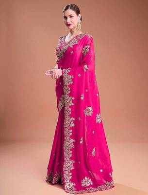 Rani pink sequin embroidered rangoli silk bollywood saree with blouse 3