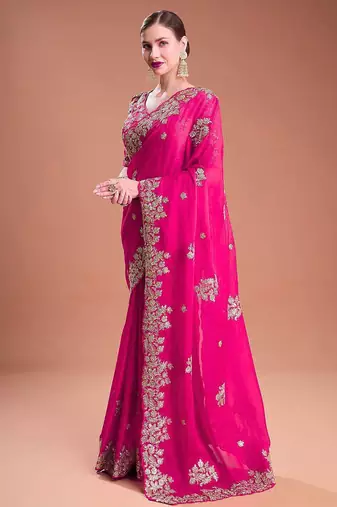 Rani pink sequin embroidered rangoli silk bollywood saree with blouse