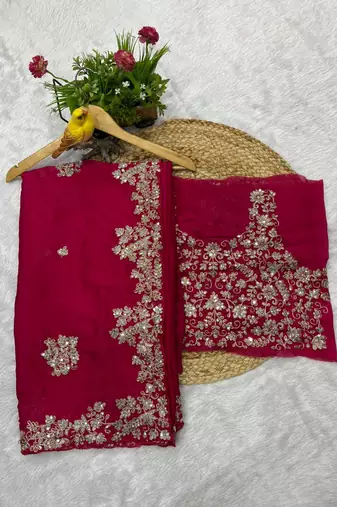 Rani pink sequin embroidered rangoli silk bollywood saree with blouse