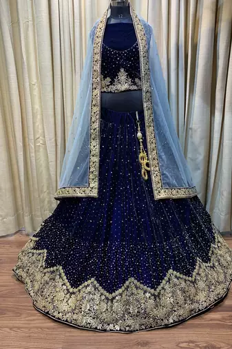 Pure Micro Velvet Wedding Wear Lehenga In Blue Color With Embroidery Work & Crystal Stone work