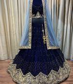 Pure Micro Velvet Wedding Wear Lehenga In Blue Color With Embroidery Work & Crystal Stone work