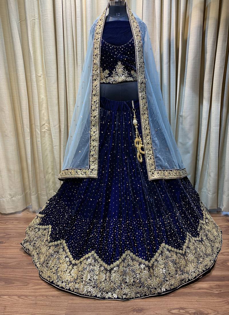 Pure Micro Velvet Wedding Wear Lehenga In Blue Color With Embroidery Work & Crystal Stone work