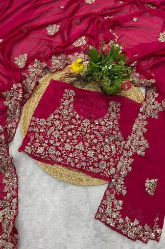 Rani pink sequin embroidered rangoli silk bollywood saree with blouse